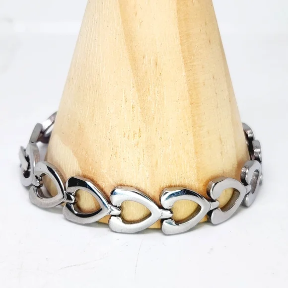 Stainless Steel Wishbone Heart Tennis Link Bracelet 8 Inch Silver Tone Unisex - Picture 1 of 4